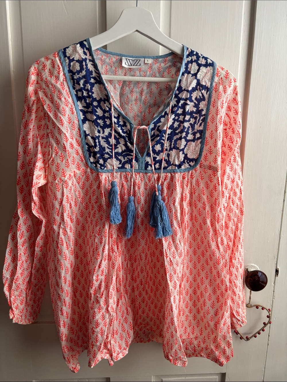 SZ Blockprints Coral Block-Print Peasant Blouse with Navy Floral Yoke NWOT